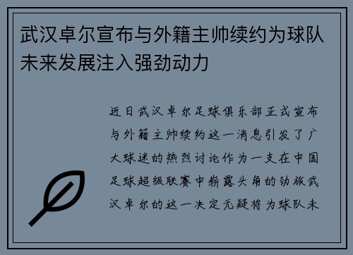 武汉卓尔宣布与外籍主帅续约为球队未来发展注入强劲动力